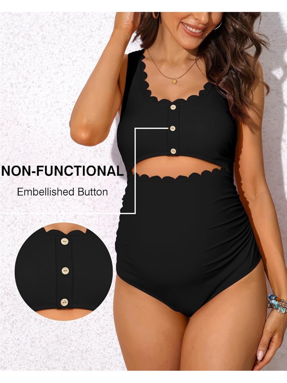 ๐ ๐ Scalloped Cut-Out Ruched High-Waist Maternity One-Piece Swimsuit - Black M - Picture 5 of 16